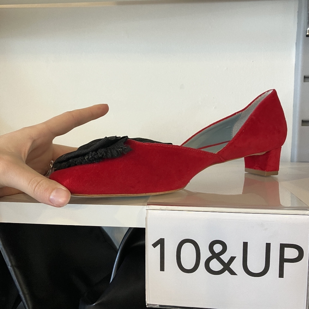 Frances Valentine Red Suede Low Heel with Black Bow Accent